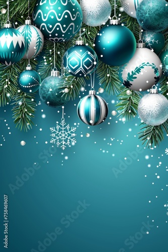 Winter themed christmas background with spruce branch, snowflakes frame, and text space
