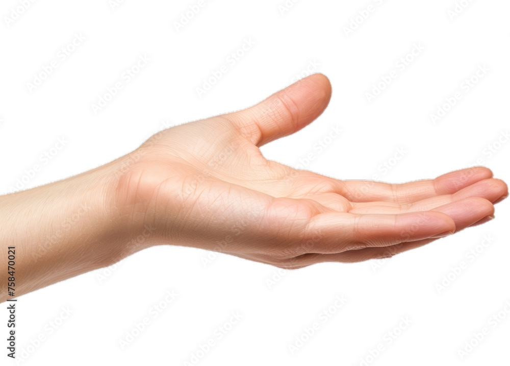 A man's outstretched hand against a transparent background
