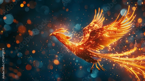 Majestic phoenix firebird surrounded by sparkling flames on a dark fiery background