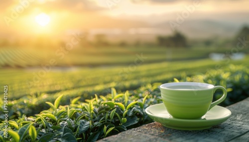 Green tea cup with mountain tea plantation background and ample space for text placement