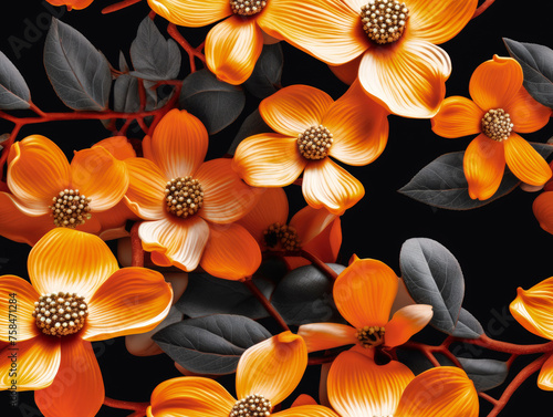 Seamless orange pacific dogwood flowers pattern. Wallpaper design. Generative ai photo