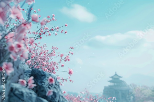 Serenity in ancient Asian inspired blossom landscape - A tranquil digital art creation of a serene cherry blossom landscape with an Asian pagoda, embodying peace and harmony