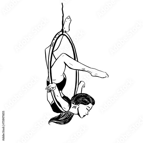 ink outline painting of a young fit woman in a lyra hoop. vector illustration of the silhouette of an aerial fitness model in a hoop.