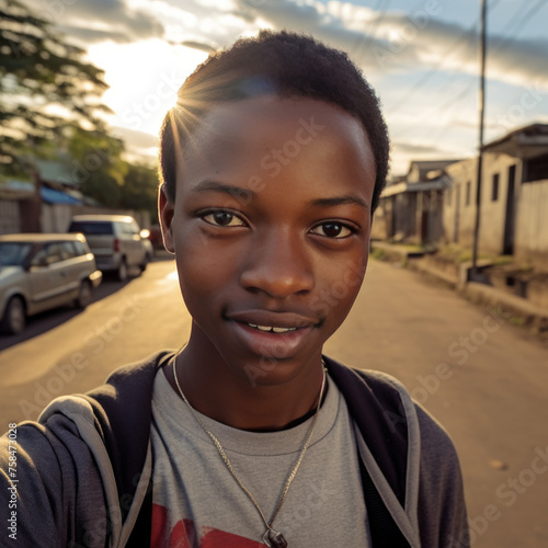 Teen Boy Smiling on Street at Sunset