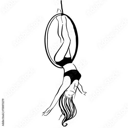 ink outline painting of aN Aerial hoop Performer.  vector illustration of an aerial fitness model on a lyra hoop.