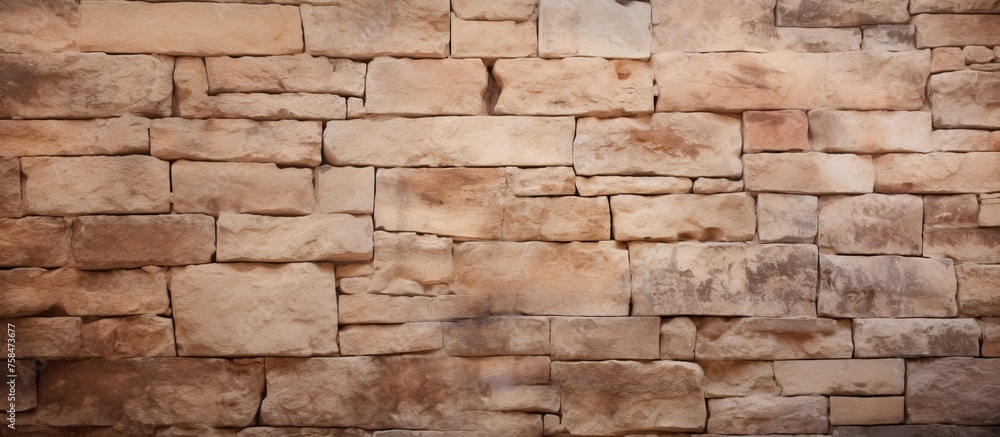 Fototapeta premium A detailed closeup of a brown brick wall showcasing the rectangular bricks made of composite material, resembling a beige stone wall