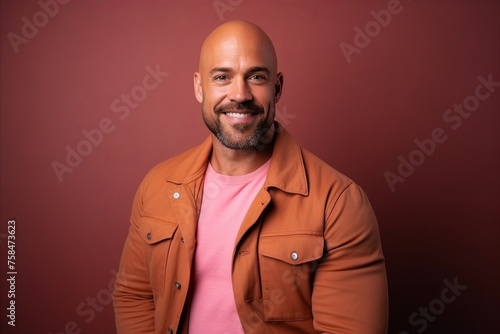 Portrait of a handsome bald man in a orange jacket on a burgundy background