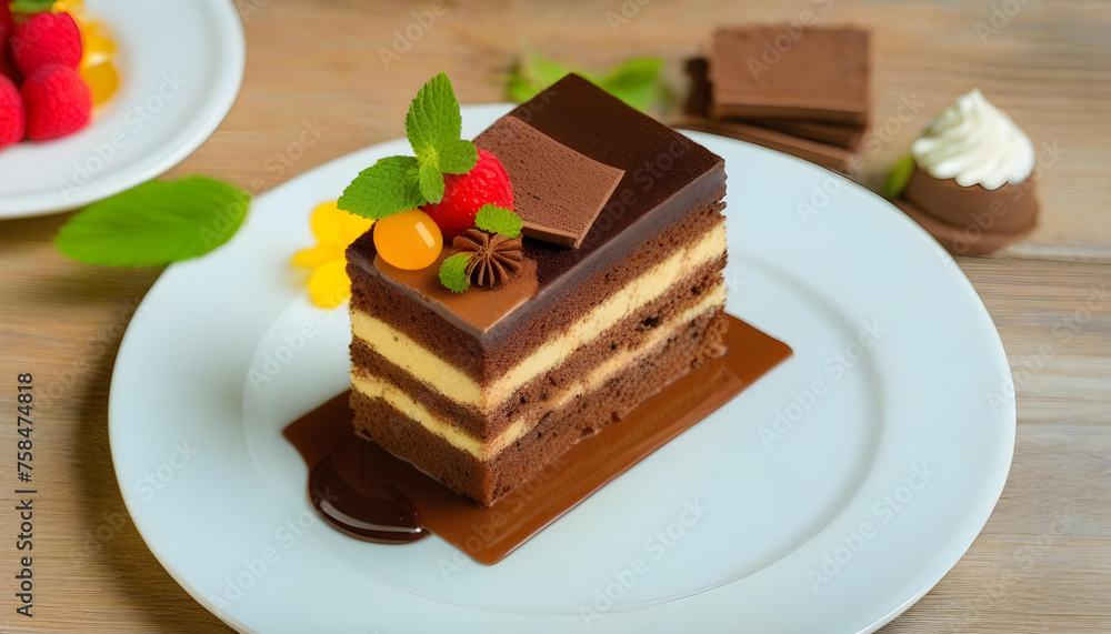 A plate with a slice of chocolate cake, a chocolate mousse, and a slice of tiramisu A plate with a slice of chocolate cake, a chocolate mousse, and a slice of tiramisu