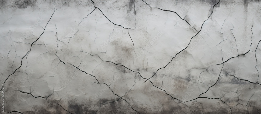A close up of a cracked concrete wall with a pattern resembling twig branches, creating a composite material look. Monochrome photography captures the monochrome tones of winter - obrazy, fototapety, plakaty 