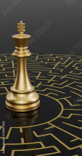 Gold chess king and maze on black background. 3D illustration.
