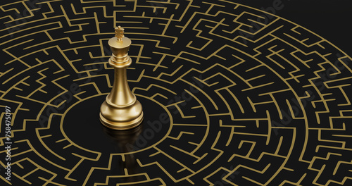 Gold chess king and maze on black background. 3D illustration.