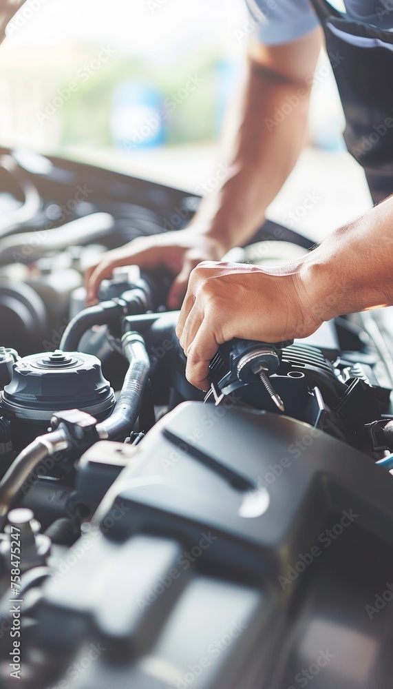 Professional technician hands conducting car repairs at an auto service workshop Professional technician hands conducting car repairs at an auto service workshop