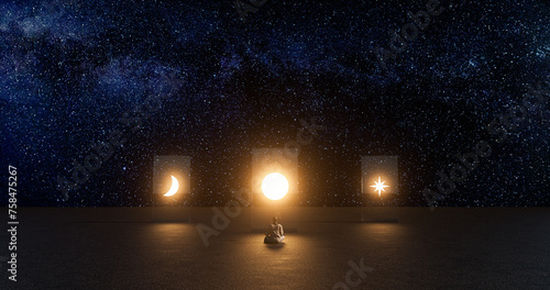 Abstract concept, man meditating under the stars.3D illustration.