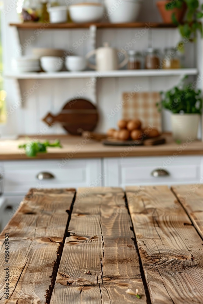 Empty wooden table set against a softly blurred kitchen counter for perfect background composition
