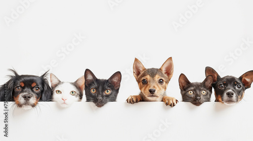 Group of Cute Cats and Dogs Peeking Over White Surface  Animal Friends Concept