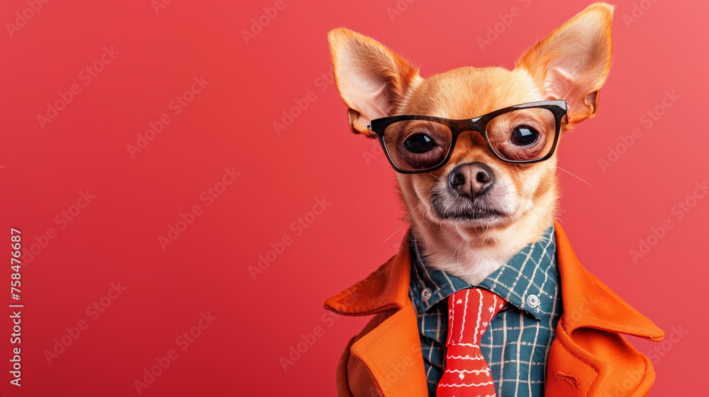 close up of a Chihuahua dog portrait wearing glasses and french style suiy with gradient backdrops close up of a Chihuahua dog portrait wearing glasses and french style suiy with gradient backdrops
