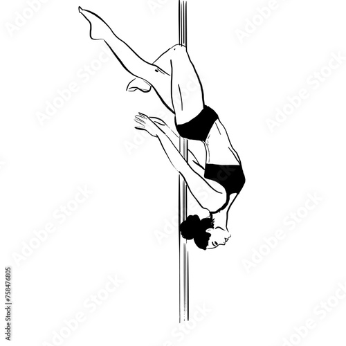 ink outline painting of a pole dancer. vector illustration of a pole fitness model performng  a falling angel pose