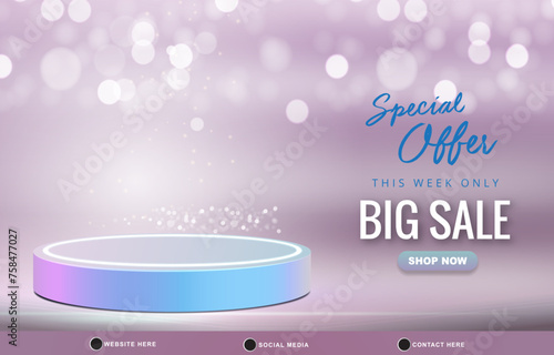 special offer big sale dscount template banner with blank space 3d podium for product sale with abstract gradient purple and white background design