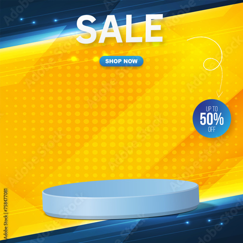 sale discount template banner with blank space 3d podium for product sale with abstract gradient blue and yellow background design