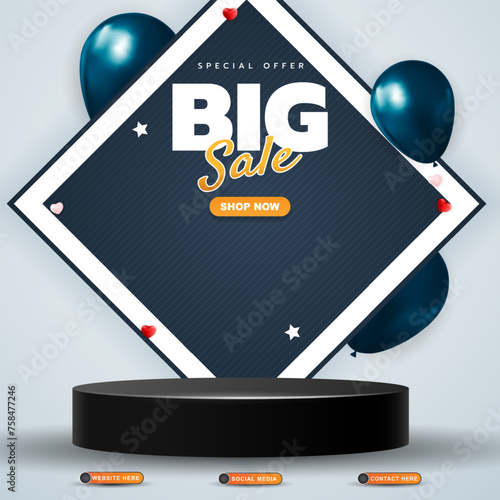 special offer big sale discount template banner with blank space 3d podium for product sale with abstract gradient blue and white background design