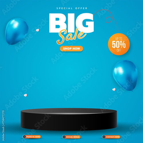 special offer big sale discount template banner with blank space 3d podium for product sale with abstract gradient blue and white background design1