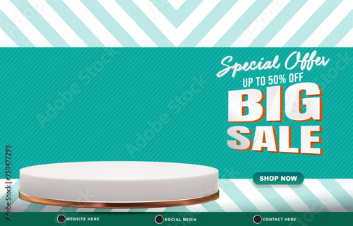 special offer big sale discount template banner with blank space 3d podium for product sale with abstract gradient green and blue background design