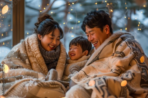 Happy Family Enjoying Cozy Winter Evening Wrapped in Blanket with Festive Lights Background © pisan