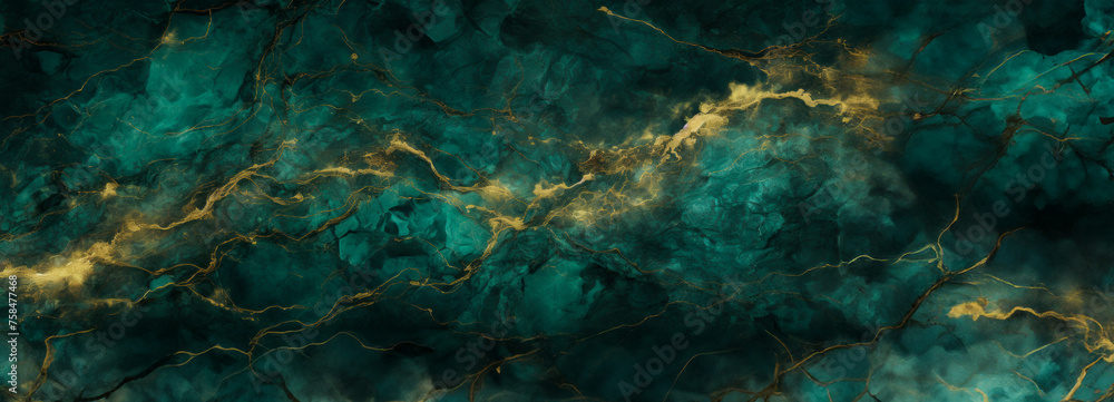 Fototapeta premium This aerial-like view of jade green marble streaked with gold creates an image of Earth's natural artistry, symbolizing both strength and luxury. Banner. Copy space.