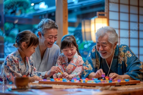 Multi-Generational Asian Family Enjoying Quality Time Playing Board Game at Traditional Home Setting