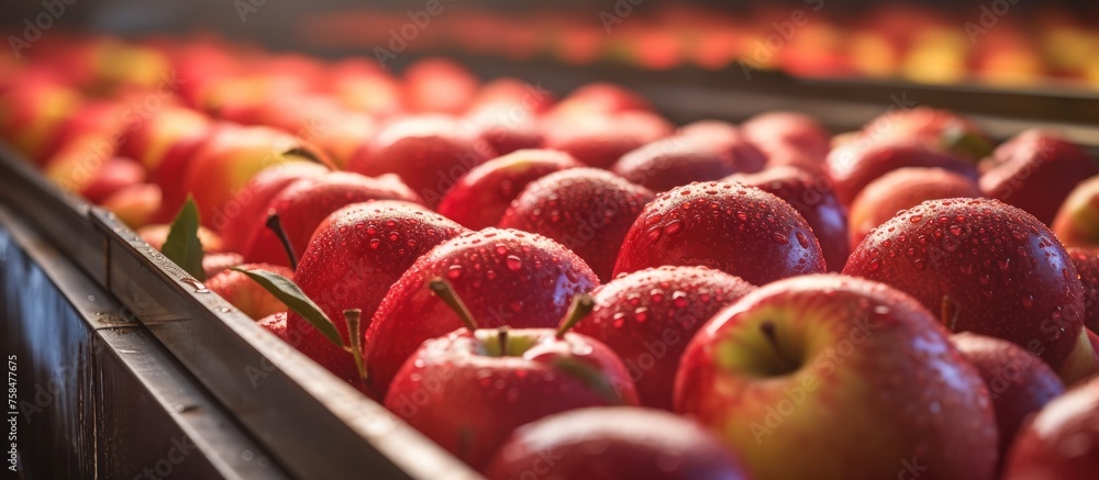 Freshly washed apples on a production line for sorting and selecting organic fruits and vegetables. Distribution and export of domestic apples. - obrazy, fototapety, plakaty 