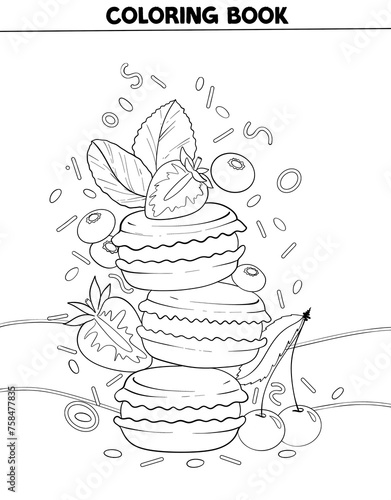 Cute Adult coloring page doodles, sketch coloring book for relaxing design. Cake, candy, fruit, heart, kawaii, star,macarons dessert candy © Rocknroll