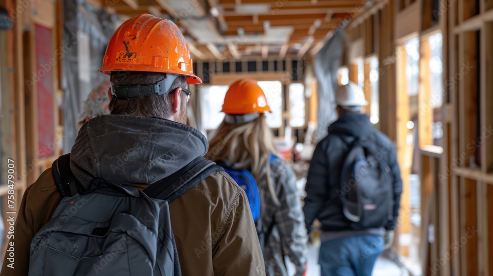 a group of contractors and workers walking through a renovation project with their backs turned a group of contractors and workers walking through a renovation project with their backs turned