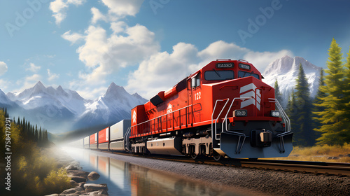 CN Rail Freight Train in Motion Against Scenic Landscape: A Fusion of Industrial Functionality and Natural Beauty