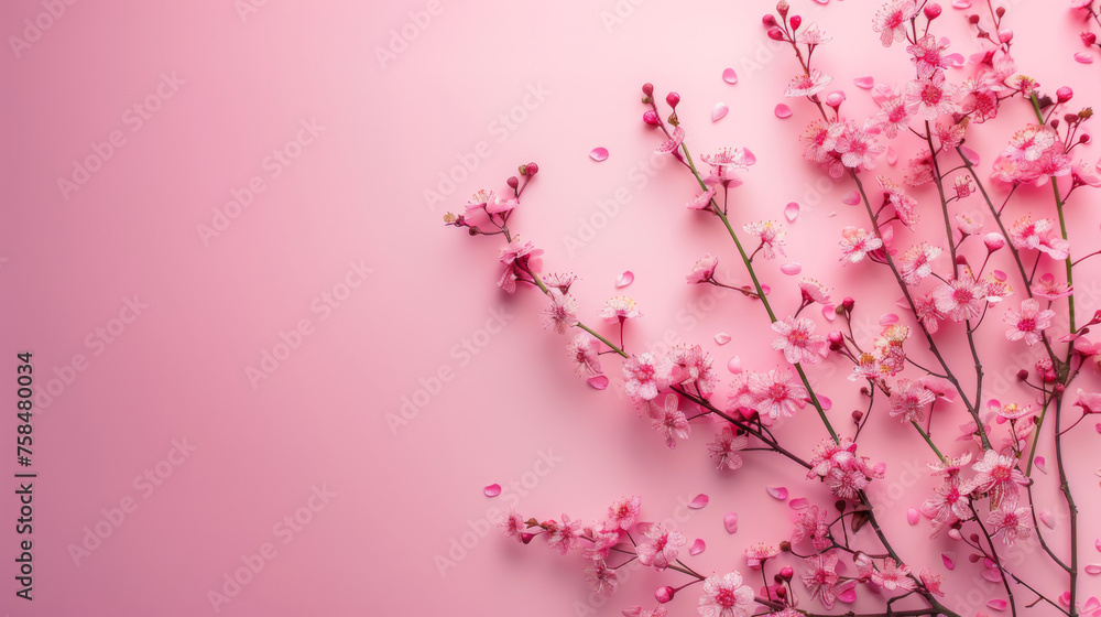 Delicate cherry blossoms with scattered petals on a vibrant pink backdrop creating a springtime mood. Delicate cherry blossoms with scattered petals on a vibrant pink backdrop creating a springtime mood.