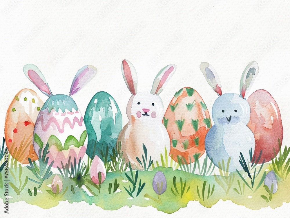 Happy watercolor bunny and easter eggs Happy watercolor bunny and easter eggs