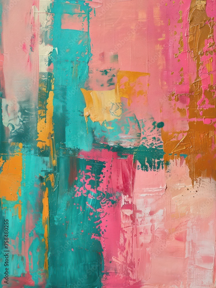 abstract oil painting, springtime concept, thick paint texture, pink, teal, copper, gold