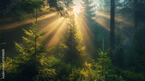 Morning sunbeams break through the mist in a serene, green forest, highlighting the natural beauty of the woodland. © khonkangrua