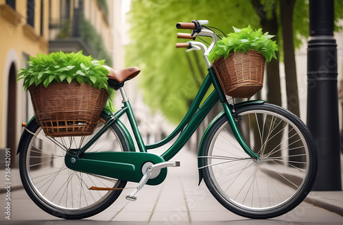 An eco-friendly bicycle with a basket overflowing with lush green leaves, symbolizing sustainable and healthy transportation in an urban environment photo
