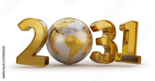 Golden number 2031 with planet Earth. 3d illustration.