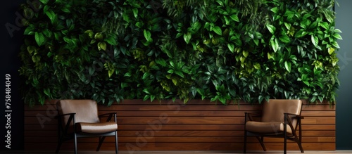 Two wooden chairs are placed in front of a green wall, adding a touch of nature to the room. The hardwood flooring complements the greenery