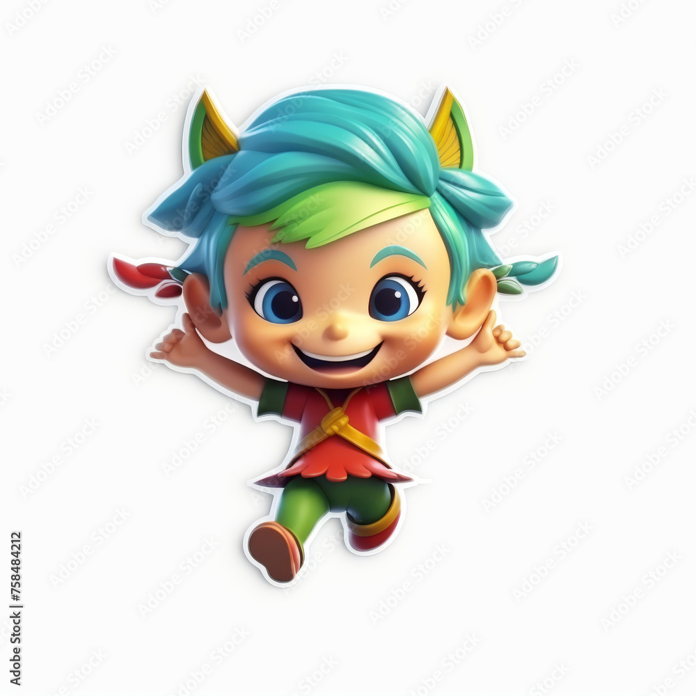 Cheerful Cartoon Elf with Blue Hair and Pointy Ears

