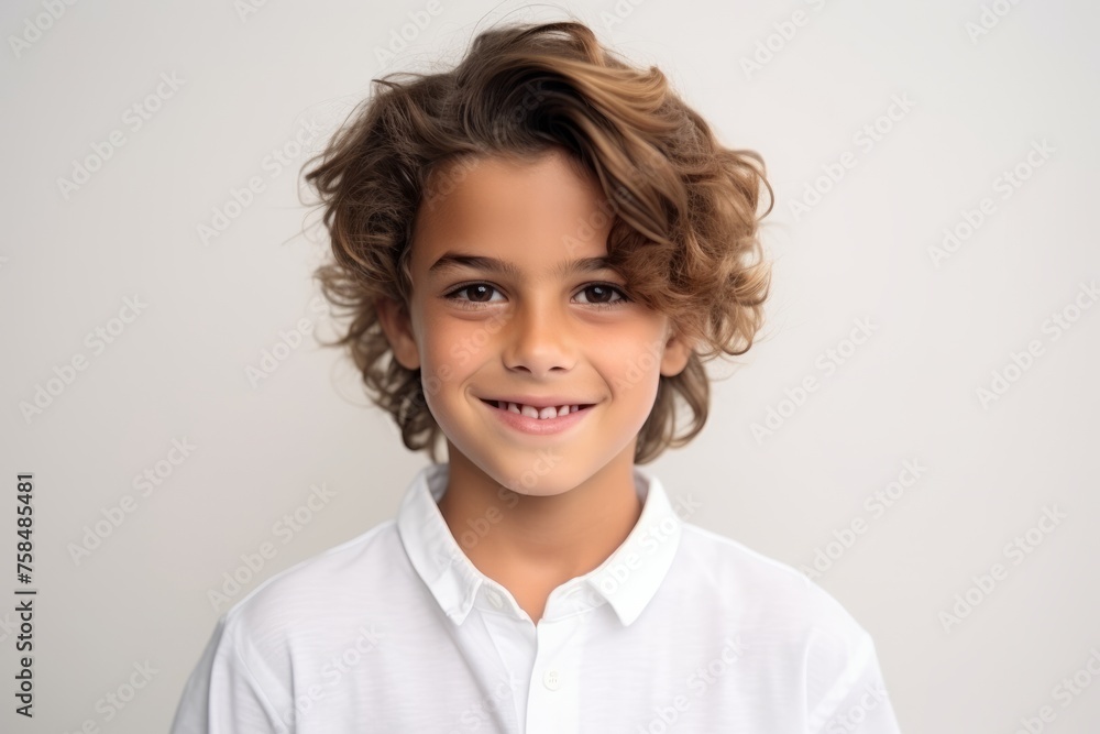 Portrait of a cute little boy with curly hair over grey background Portrait of a cute little boy with curly hair over grey background
