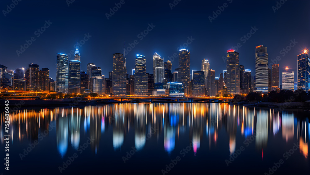 Fototapeta premium Beautiful city skyline night view with bright lights