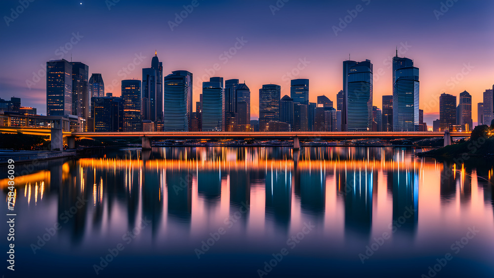 Beautiful city skyline night view with bright lights
