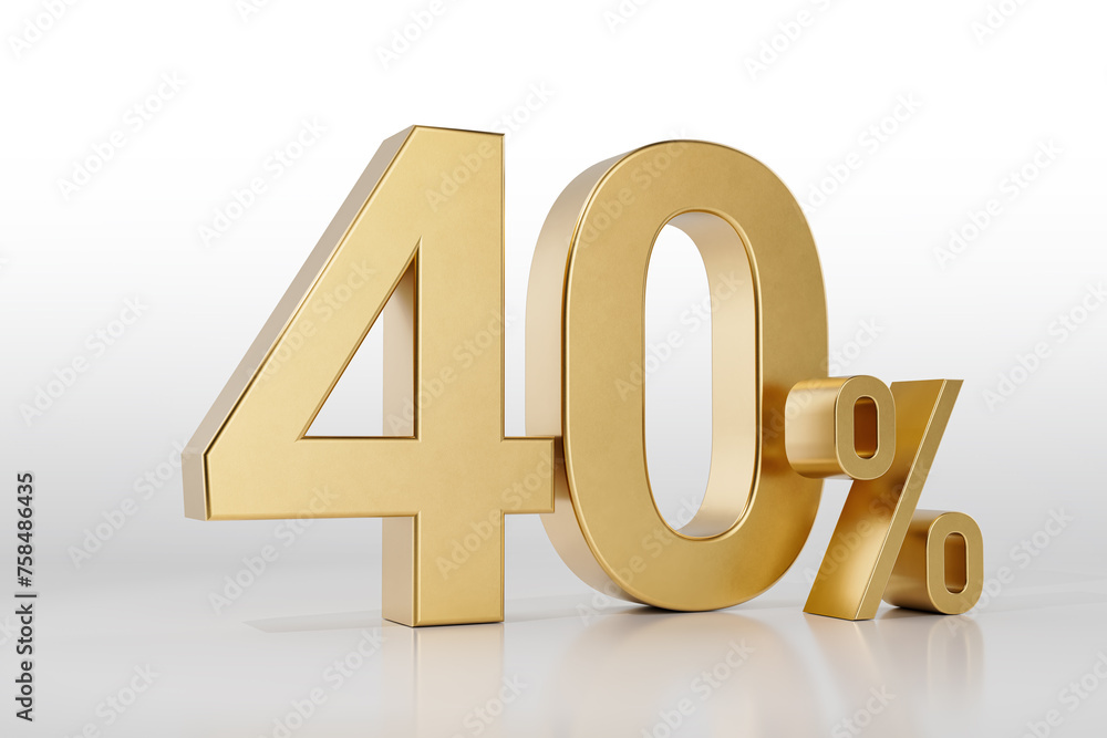 40% off on sale. Gold percent isolated on white background. 3d rendering. Illustration for advertising. 40% off on sale. Gold percent isolated on white background. 3d rendering. Illustration for advertising.