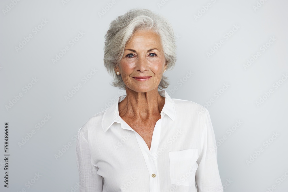 Portrait of a smiling senior business woman standing against grey background. Portrait of a smiling senior business woman standing against grey background.