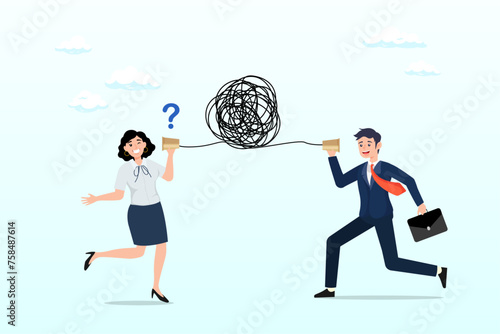 Businessman talking through messy chaos, tangled phone line make other confused, bad communication, misunderstanding create confusion in work, miscommunicate unclear message and information (Vector) photo