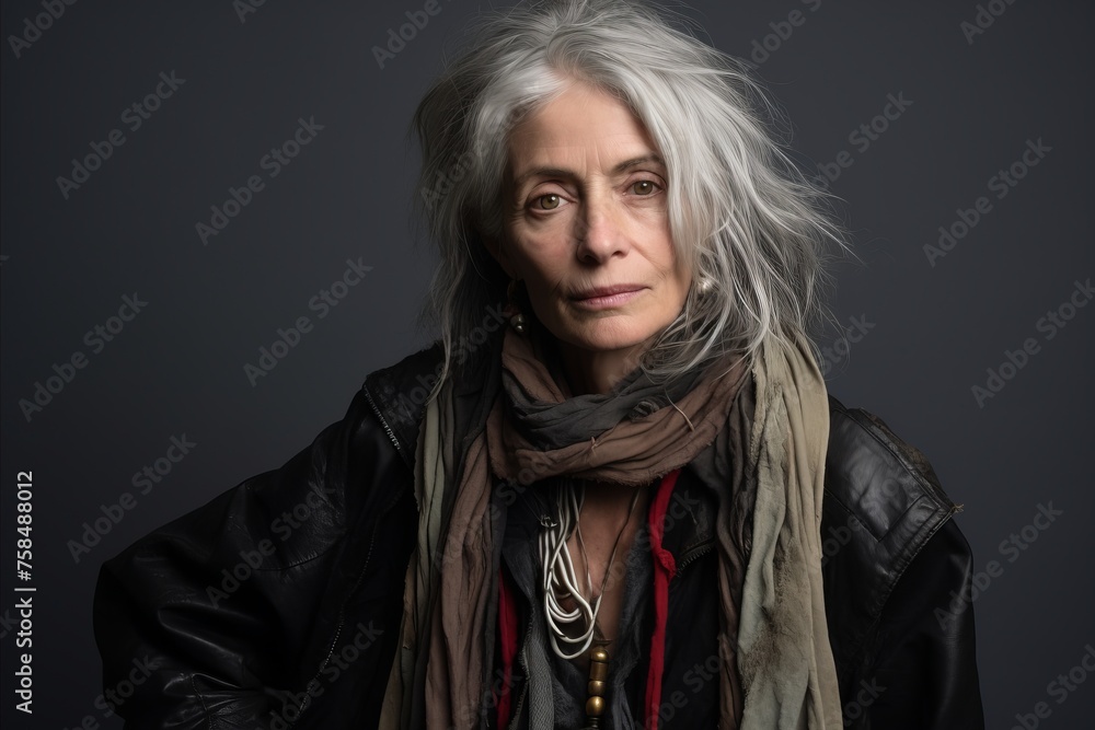 Portrait of a beautiful senior woman in a leather jacket and scarf Portrait of a beautiful senior woman in a leather jacket and scarf