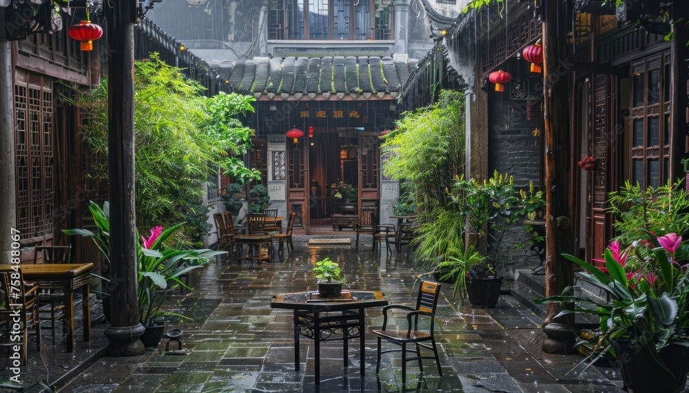Quiet and shady traditional Chinese house courtyard with benches in the yard when it rains