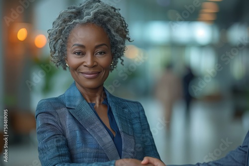 Modern and self-assured elderly woman of African descent finalizes a business deal in a sleek office setting, shaking hands with a partner. Business people and company management concept photo